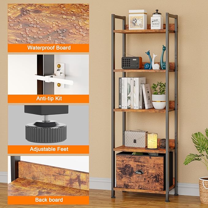 5 Tier Bookshelf with Drawer, Tall Narrow Bookcase with Shelves, Rustic Brown