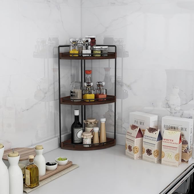 3-Tier Corner Bathroom Organizer Countertop for Storage, Vanity Tray, Walnut