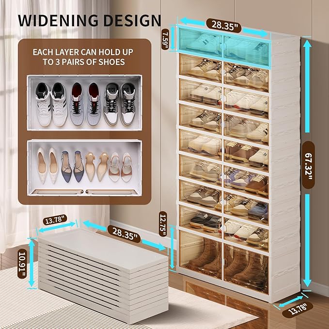 CIMLORD 9-Tier Foldable Shoe Rack Organizer for Closet, 27 Pairs Collapsible Plastic Shoe Shelf, Large Shoes Cabinet with Door, Clear Stackable Storage Box Easy Assembly White