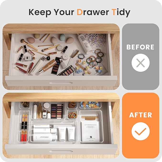 A-LuGei 【Military Grade Drawer Organizer, 【𝟱𝗦𝗶𝘇𝗲】 Makeup organizer, 【Holds 177 Items】 Bathroom Organizers and Storage, Organization and Storage, Desk Drawer Organizer for Vanity (Clear)