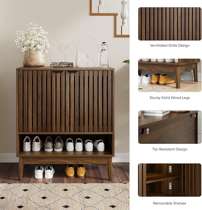 Kiasthome Shoe Storage Cabinet with Adjustable Shelves, Wooden Shoe Organizer, Shoes Rack for Entryway, Hallway, Living Room (Walnut, 27.56" W)