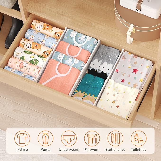 Lifewit 9 Pack Drawer Dividers for Clothes, 4" High 13.8"-22.2" Expandable Dresser Drawer Organizers, Adjustable White Plastic Separators for Kitchen, Cabinet, Nursery, Socks & Underwear Storage