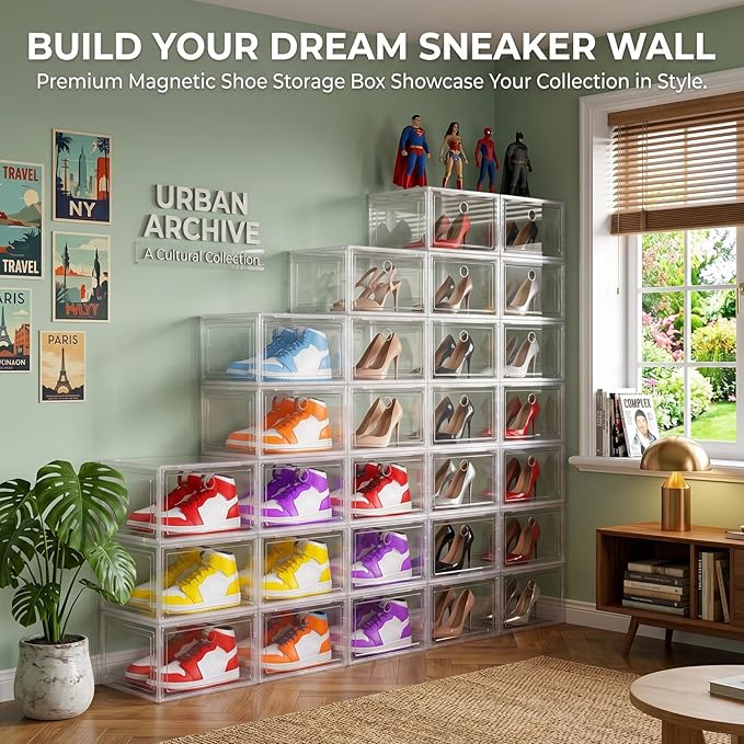Large Shoe Boxes Clear Plastic Stackable, 8 Pack Drop Side Shoe Storage Organizer with Magnetic Door, Shoe Container Sneaker Storage Display Case Fit up to US Size 13 CLEAR