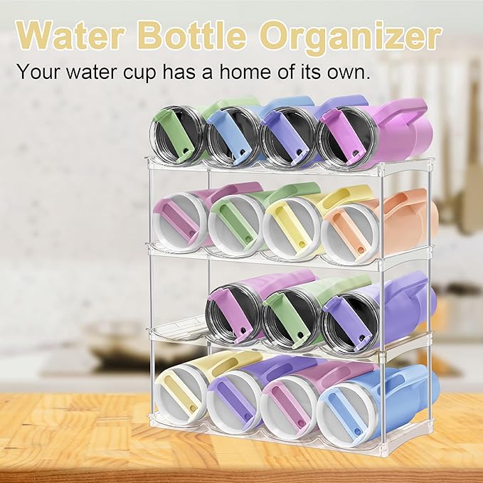 Spaclear Water Bottle Organizer - Stackable Water Bottle Holder for Cabinet, Large Compartment Tumbler Organizer Wine Racks, Kitchen Organization and Storage for Stanley Cup Holder, 4 Tier Hold 16