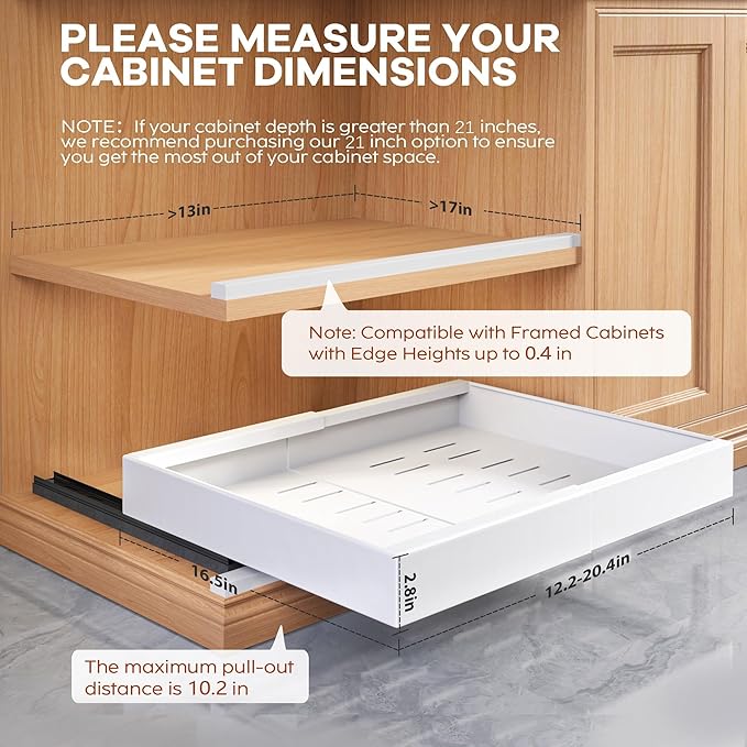 Seinloes 2 Pack Expandable Pull Out Cabinet Organizer 16.5"Deep with Raising Pad for Framed Cabinets,Upgrade 3 Slide Rails Slide Out Drawers,Roll Out Shelves Adhesive,Adjustable Width 12.2"-20.4"White