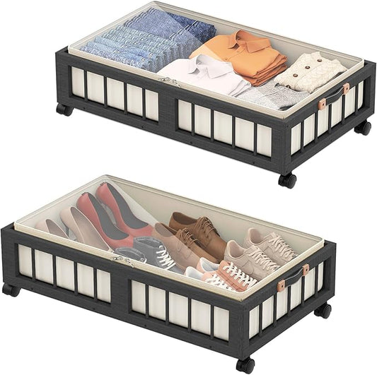 2-Pack Bamboo Under Bed Storage Containers with Wheels, Black
