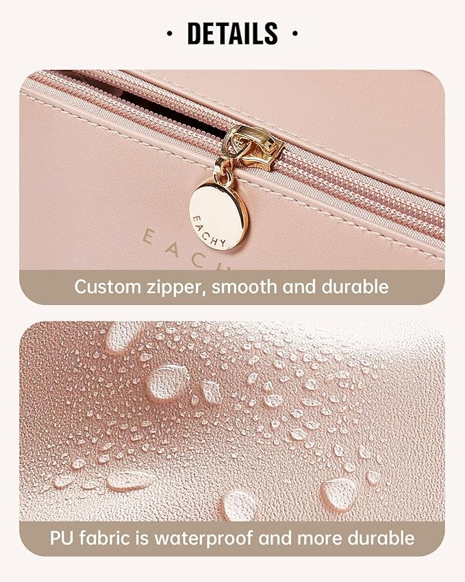 EACHY Travel Makeup Bag, Large Capacity Cosmetic Bag for Women, Waterproof PU Leather, Flat Open Portable Toiletry Bag for Skincare