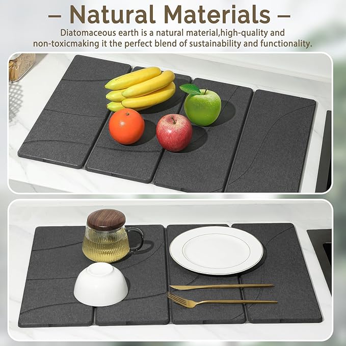 Large Stone Dish Drying Mat for Kitchen Counter, Carved Gray 24"x16"&8"x4"
