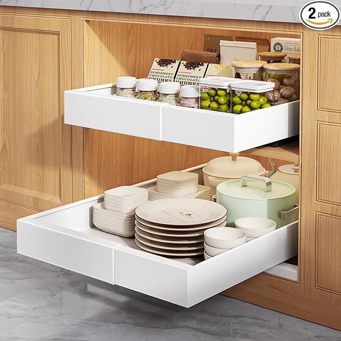 Seinloes 2 Pack Pull Out Cabinet Organizers 21" Deep With Raising Pad for Framed Cabinets, Expandable Width (9"-14") Slide Out Drawers Upgrade 3 Slide Rails, Roll Out Shelves Adhesive, White