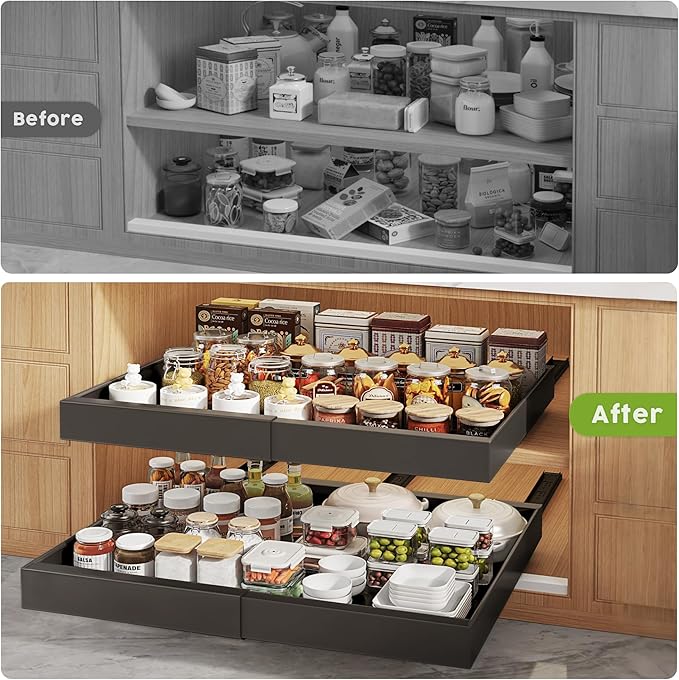 Seinloes 4 Pack Pull Out Cabinet Organizers 21" Deep With Raising Pad for Framed Cabinets, Expandable Width (15.2"-26.3") Slide Out Drawers Upgrade 3 Slide Rails, Roll Out Shelves Adhesive, Black