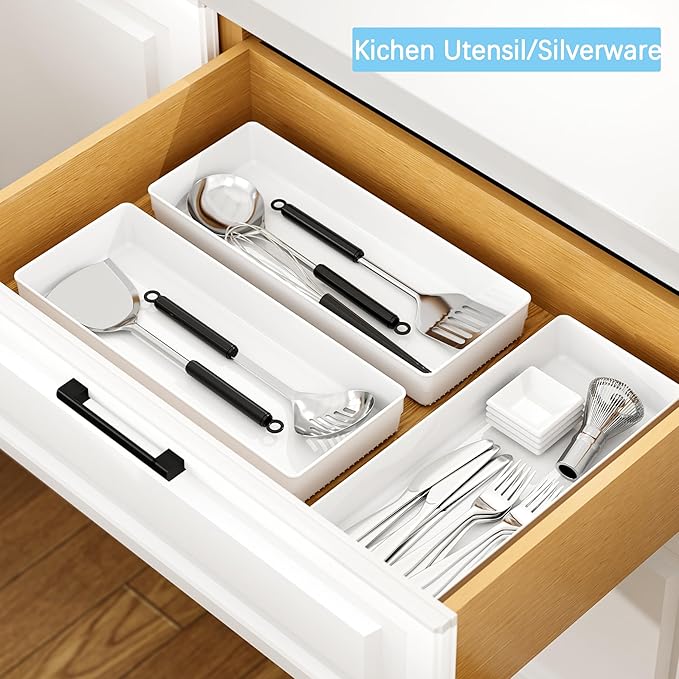 3 Pack White Large Size Plastic Drawer Organizer Tray Cutlery Utensil Makeups