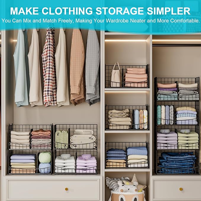 Hongtamoya 4-Tier Closet Organizers and Storage Basket with Divider, Foldable Closet Shelf Organizer System, Space-Saving Clothes Storage Drawer Organizer Bins for Wardrobe Cupboard, Black