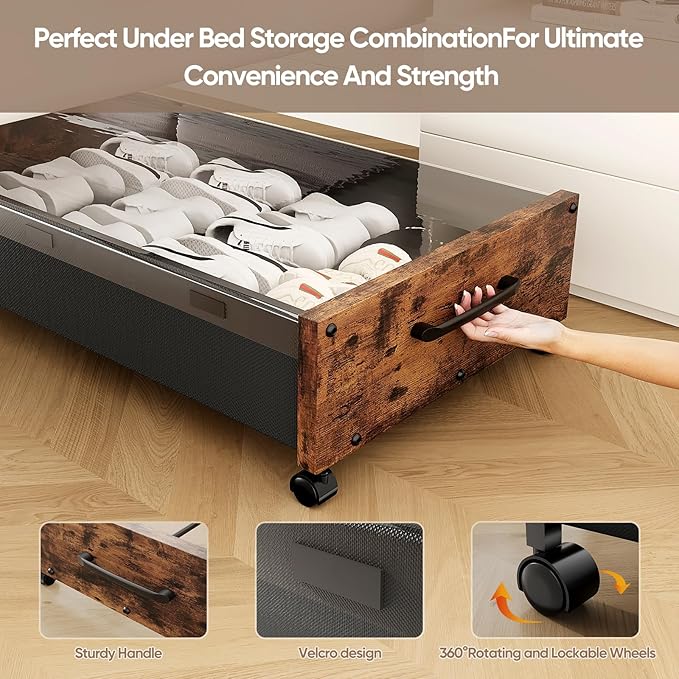 KITHELP Wooden Under Bed Storage with Wheels, Rolling Under the Bed Storage Bins with Removable Lid, Metal Under Bed Drawers for Clothes and Shoes in Bedroom or Living Room(Walnut Brown-1pack)