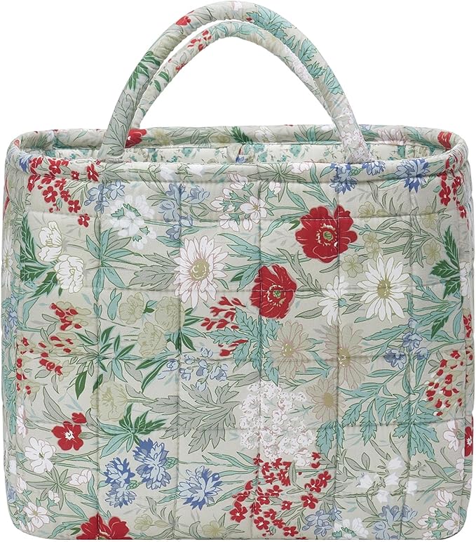 Quilted Fabric Storage Baskets with Handles, Boho Floral Gift Basket Foldable Organizer Bin for Home Decor, Picnic, Travel 12''x10''x10'' (Ivory)