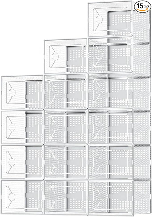 Shoe Storage Boxes, 15-Pack Clear Stackable Shoe Organizers with Lids, White
