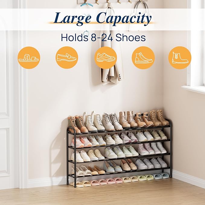 ENJOYBASICS 4 Tier Expandable Shoe Rack for Closet, Free Standing Metal Shoe Shelf Storage Organizer Holder 24 Pairs, Adjustable Width Shoe Rack for Entryway Small Space, Black