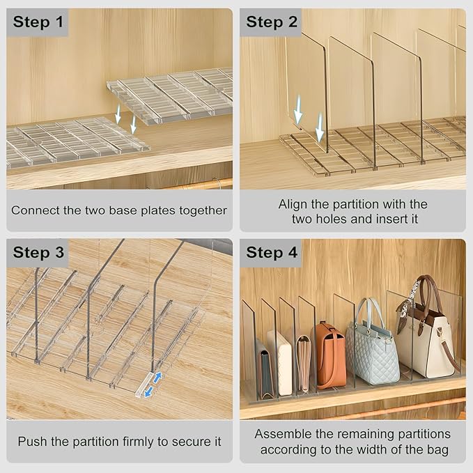SortNStore Bag & Purse Organizer for Closet: Adjustable Clear Handbag Storage Shelf - Plastic Clutch Dividers for Closet Organizers and Storage - Keep Carteras & Pocketbook Upright 3 Pack - 11Dividers