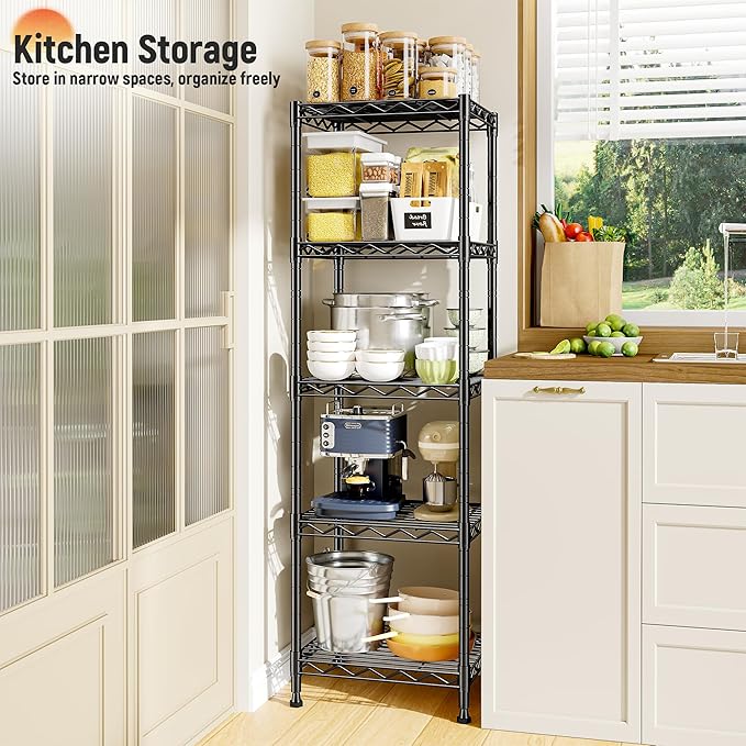 DurayLoly 5-Tier Narrow Shelf for Small Spaces, 15.8" W Metal Shelving Unit, Adjustable Wire Rack, Freestanding Storage for Bathroom, Laundry, Kitchen Pantry, Black