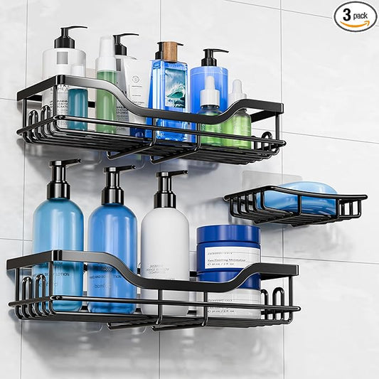 OMAIRA 3-Pack Shower Caddy with Soap Holder, Adhesive Rustproof No-drill Strudy Loading Inside Shower Organizer Shelves Rack Storage Bathroom Organization for Smooth Wall Glass Tile, Black (Large)