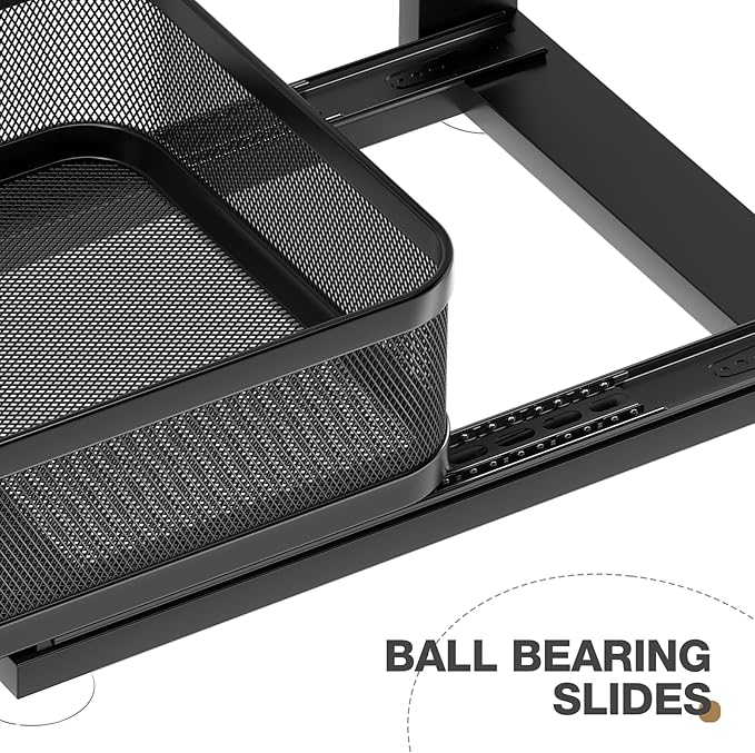 1 Pack 15IN-Depth Under Sink Organizer with Next-Gen Ball-Bearing Slides,2-Tier Precision Mesh Pull Out Cabinet Storage for Bathroom&Kitchen,Height Adjustable Drawers Shelf,Anti-Rust-Black