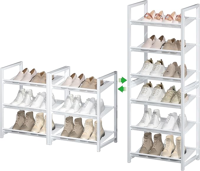 Stackable Shoe Rack, 6 Tier Metal Shoe Storage for 12-15 Pairs, Vertical Shoe Shelf for Small Space Front Door Entrance Closet Garage, White