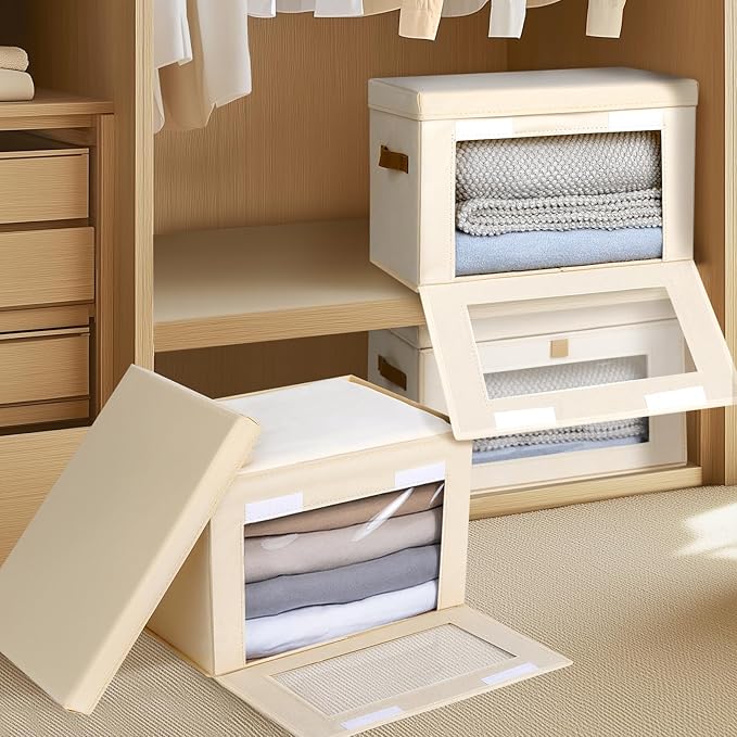 Homsorout Collapsible Storage Bins - Large Closet Organizer with Handles & Window, Decorative Storage Boxes, Fabric Containers for Living Room, Dorm, 4 Pack, Beige