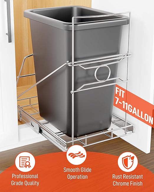 Pull Out Trash Can Holder, Adjustable Heavy Duty Cabinet Slide Out Kit for 7-11 Gallon Trash Cans, Under Sink Trash Can Rack with Smooth Ball Bearing Slides, Silver, Trash Can Not Included
