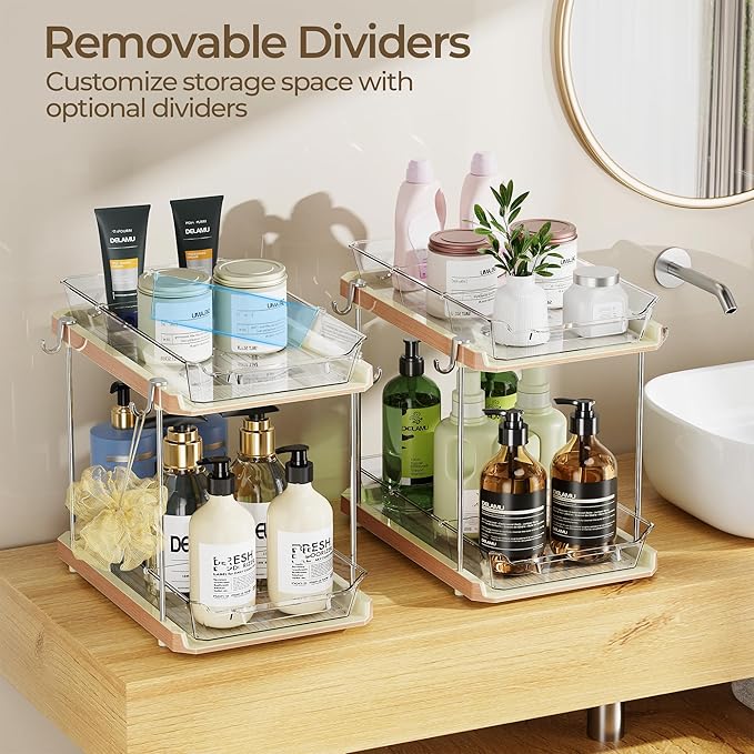 2 Tier Under Sink Organizer Bathroom, Wood Grain, 4 Pack