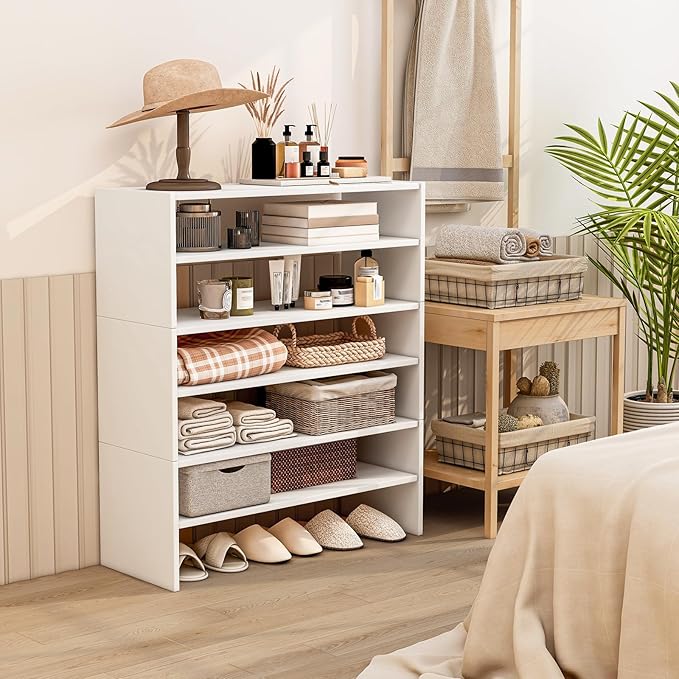 Tangkula 6-Tier Stackble Shoe Rack for Closet, Space Saving Wooden Corner Shoe Storage Shelf for 18 Pairs, 3-in-1 Adjustable White Shoe Organizer for Front Door Entryway