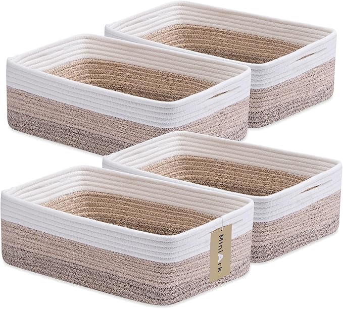 MiniArk Large Shallow Organizing Baskets 15x11x5.1 Inches - Rope Woven Storage Bins for Bathroom, Shelves, Cube Closet, Gradient Brown 4 Packs