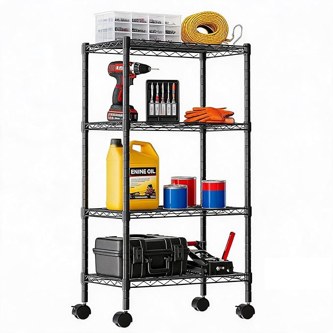DUMOS 4-Tier Metal Wire Storage Shelves, Adjustable Standing Storage Rack Shelf with Wheels, Heavy Duty Steel Shelving Unit Organizers for Kitchen Bathroom Pantry Garage, 23.2"W×13.4"D×47.1"H, Black
