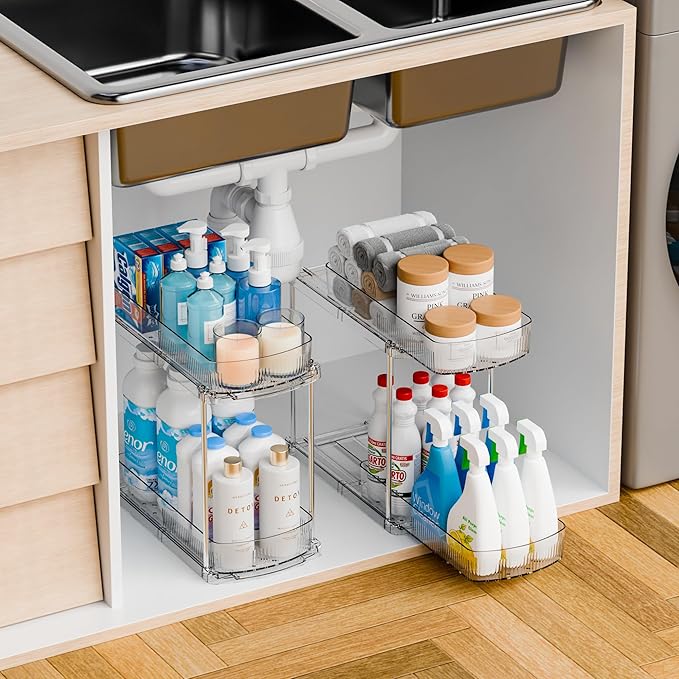 Yieach 2 Pack 13.8″ Deep 2 Tier Under Sink Storage Organizer,Large Pull Out Bathroom Organizers and Storage,Slide Out Acrylic Undersink Storage Shelf,Kitchen Under Sink Organizer for Cleaning Products