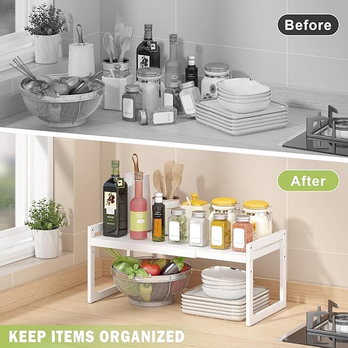 DOLALIKE Expandable Kitchen Countertop Organizer, Stackable Cabinet Shelf Organizers, Space Saving Spice Rack Pantry Storage for Bathroom Office Organization (White, 2 Tier)