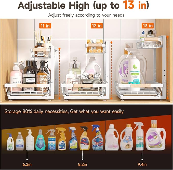 Sevenblue 2 Packs Under Sink Organizer, Height Adjustable 2 Tier Under Kitchen Sink Organizer, Multi-Purpose Storage Shelf for Kitchen Bathroom Cabinet