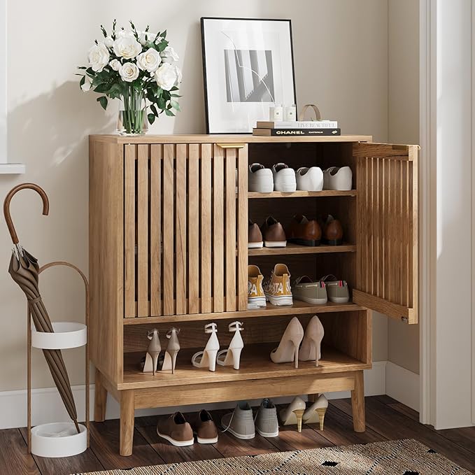 Kiasthome Shoe Storage Cabinet with Adjustable Shelves, Wooden Shoe Organizer, Shoes Rack for Entryway, Hallway, Living Room (Natural Wood, 27.56" W)