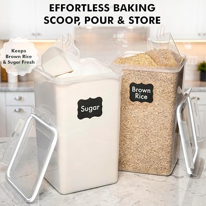 WHITE FEATHER SUPPLIES 2 PC [7 Qt / 6.5L / 220 Oz] Large Food Storage Containers with Lids Airtight - BPA Free Clear Plastic Kitchen and Pantry Storage Containers for Cereal, Flour, Sugar, Rice
