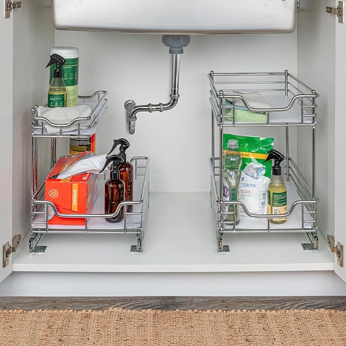 Household Essentials Glidez Multipurpose Chrome-Plated Steel Pull-Out/Slide-Out Storage Organizer with Plastic Liner for Under Cabinet Use - 2-Tier Design - Fits Standard Size Cabinet or Shelf, Chrome