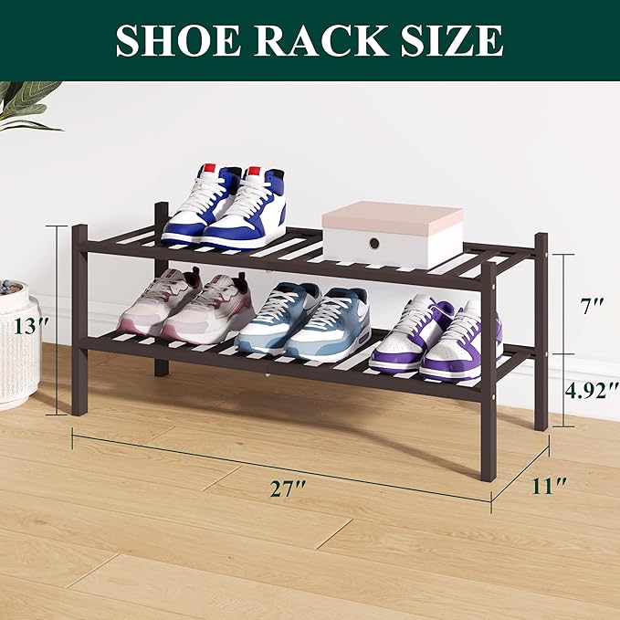 Smiry Bamboo Shoe Rack for Closet, 2 Tier Wooden Shoe Organizer, Stackable Wood Shoe Storage Shelf for Entryway, 14 Vertical Slats, One-piece Heavy-Duty Legs, 26.77"x11.02"x12.99", Brown