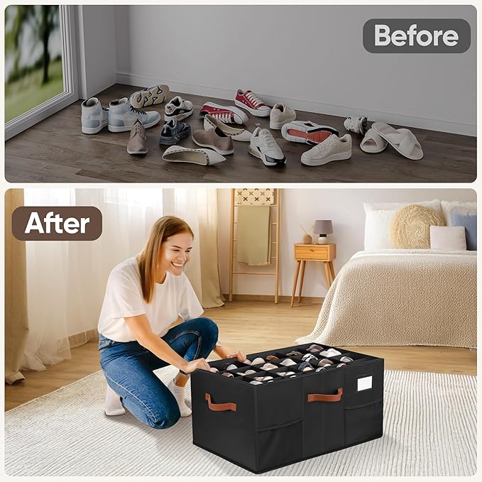 Shoe Organizer for Closet, 1 Pack Shoe Storage Container with Adjustable Dividers, Space Saving Shoe Box Storage Organizer Bin with Clear Lid and 4 Handles, Fits 12-24 Pairs, Black