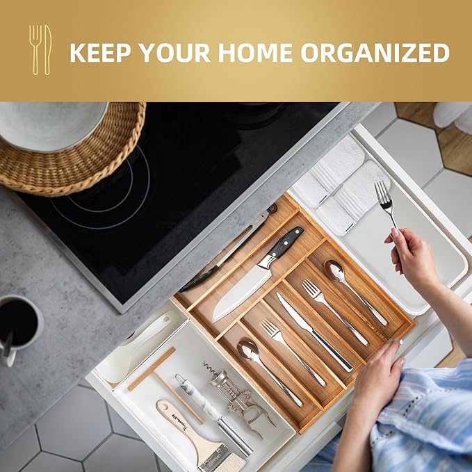 Silverware Organizer Acacia Kitchen Drawer Organizer Utensil Organizer Silverware Holder Cutlery Organizer in drawer Flatware Organizer Tray (Acacia 7 Slots)