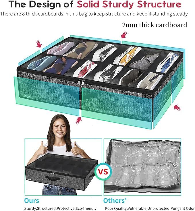 Under Bed Shoe Storage Organizer For Closet, 4 Pack Fit 12x4 Pairs