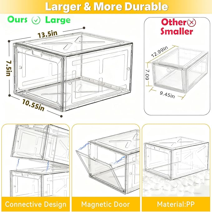1 Pack Black Drop-Front Sneaker Box with Magnetic Door, Stackable Shoe Organizer for Closet or Room, Fits up to Size 13 – 13.5 x 10.55 x 7.5 In