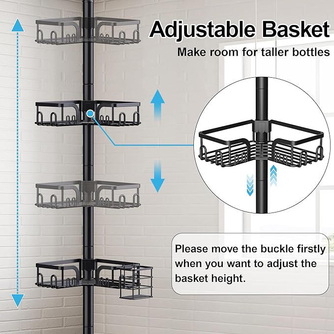 Corner Shower Caddy Tension Pole 4 Tier Adjustable Stainless Steel Shower Shelf for Inside Shower Bathtub Shampoo,Standing Bathroom Organizer Shelves with 39 to 113 inch Height