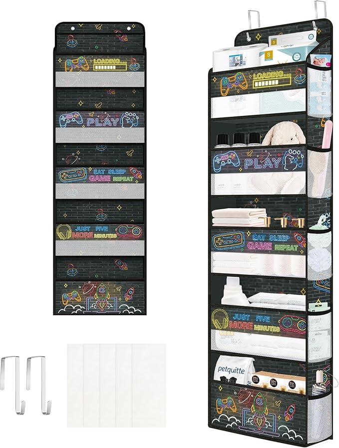 Clastyle Neon Video Gamer Over the Door Organizer with Clear Window Mesh Pocket 44 lbs Weight Capacity Nursery Hanging Shelf for Diaper Toy Closet Door Storage for Bedroom Bathroom Pantry