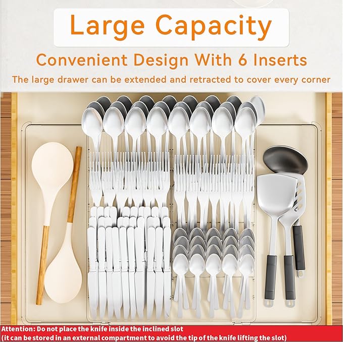 Large Expandable Silverware Organizer, Adjustable From 11'' to 21.3'', Spatula