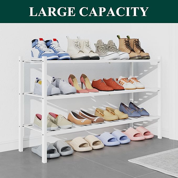Smiry Bamboo Shoe Rack for Closet, 3 Tier Long Wooden Shoe Organizer, Stackable Wood Shoe Storage Shelf for Entryway, 14 Vertical Slats, One-piece Heavy-Duty Legs, 33.86"x11.02"x18.31", White