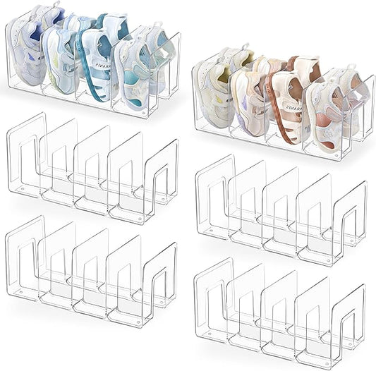 Clear Acrylic Kids Shoe Rack for Closet, 6 Pack, 4 Sections, Stackable