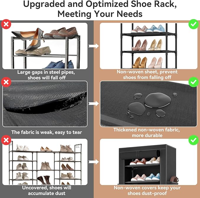 ROJASOP Shoe Rack with Covers 10 Tier Large Shoe Organizer Tall Shoe Closet Storage for 20-22 Pairs Shoe and Boot, Free Standing Shoe Rack Organizer for Closet, Entryway, Bedroom, Black