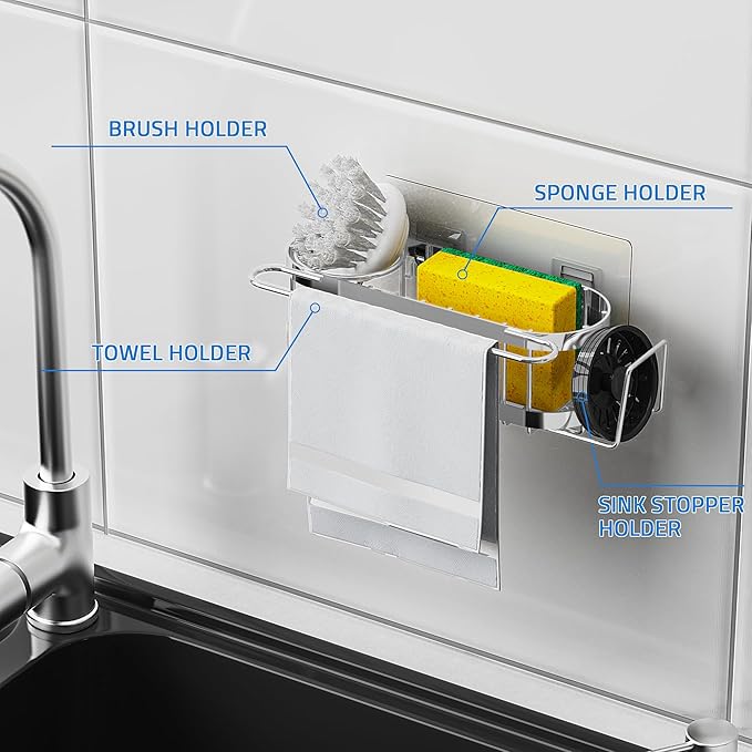 Cisily Kitchen Sink Caddy Sponge Holder in The Sink, Suction cup-Silver