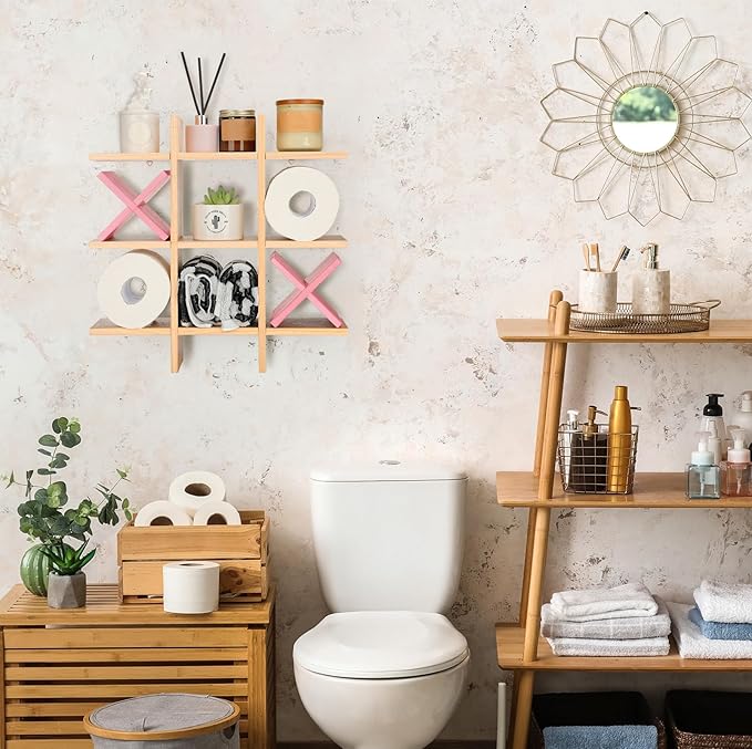 Weysat Tic Tac Toe Toilet Paper Holder Stand Bathroom Wall Decor Rustic Wooden Hanging Storage Freestanding Wall Mounted Shelves Decor for Toilet Tissue Farmhouse(Wood Color, Pink)